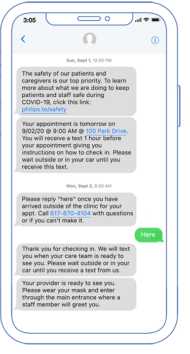 Smart device showing pre appointment preparation appointment reminders and contactless check-in